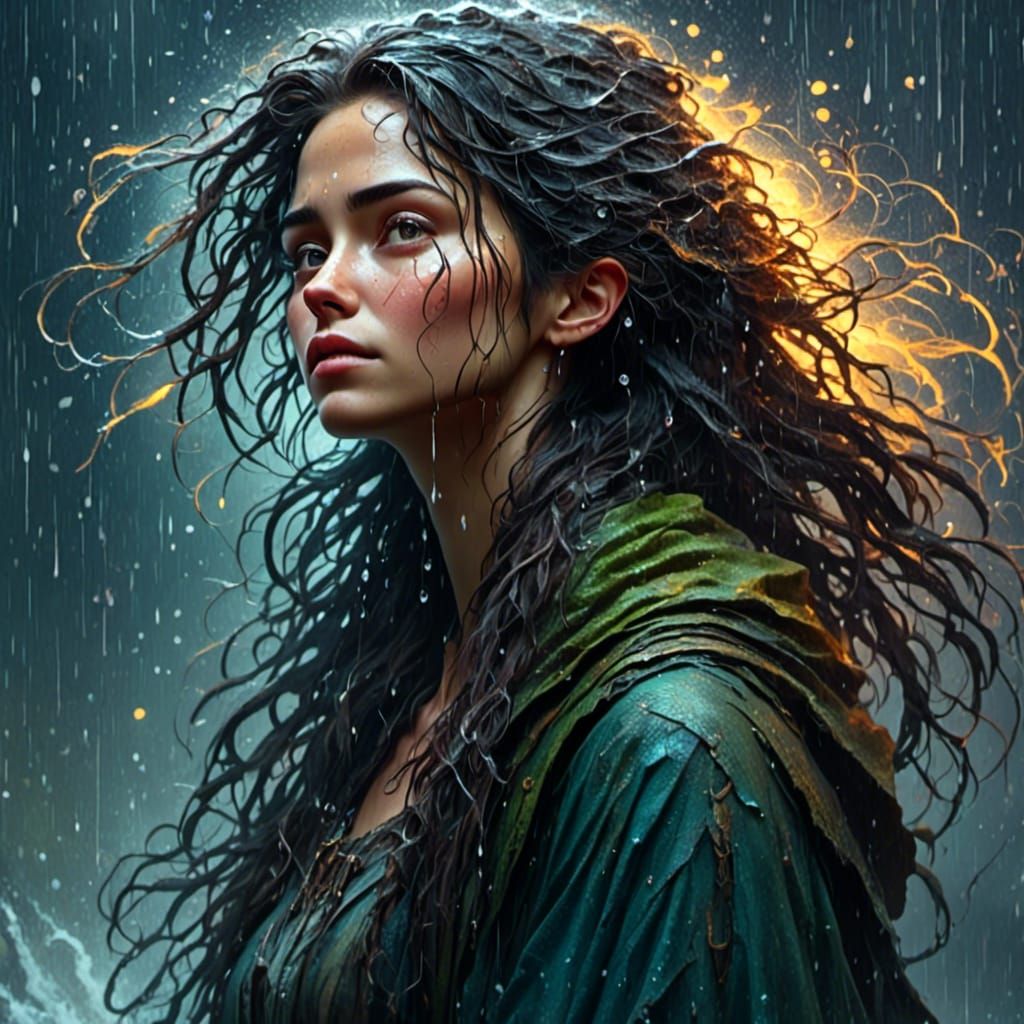 Wet Elf in Rain: Fantasy Oil Painting Concept Art