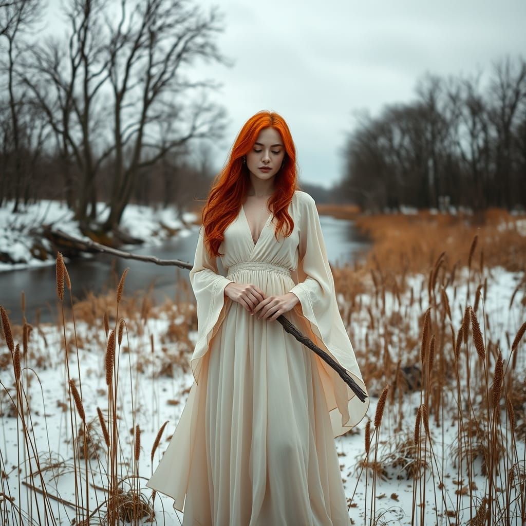 Ethereal Woman with Red Hair in Winter Landscape