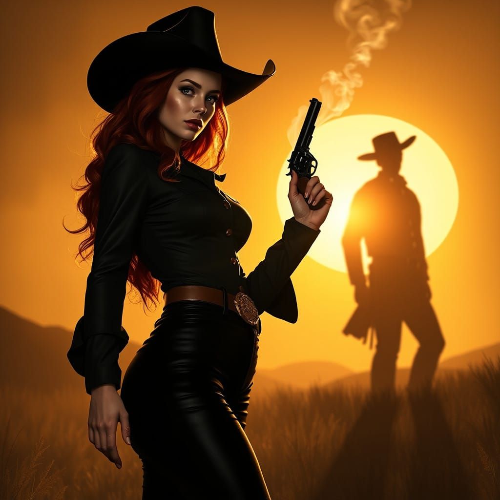 Sultry Redhead Pin-Up Girl in Haunting Western Sunset