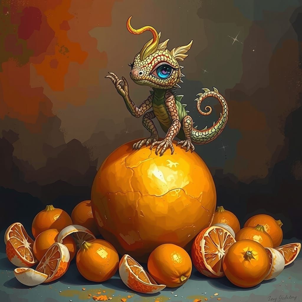 Whimsical Dragon Amidst Vibrant Oranges in Dreamlike Fusion