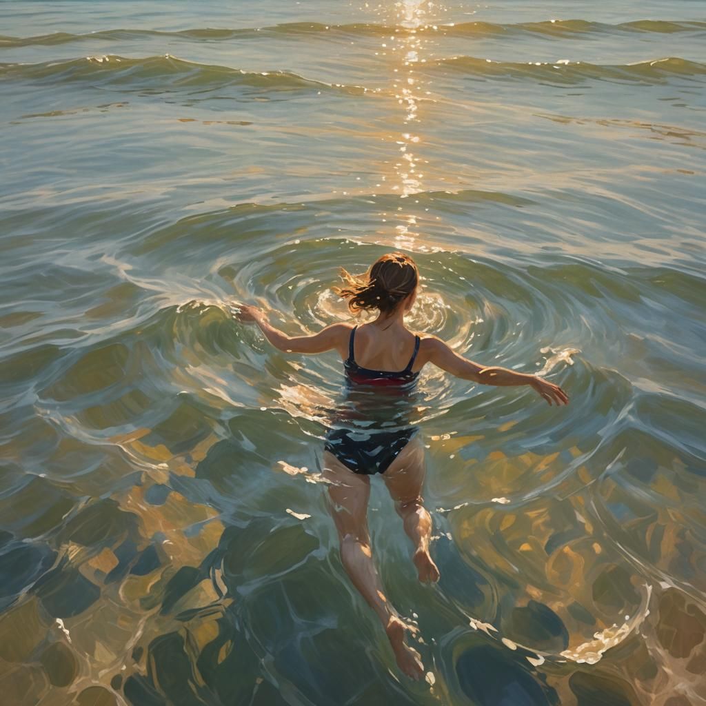 Impressionist Woman Swimming in Ocean Sunlight
