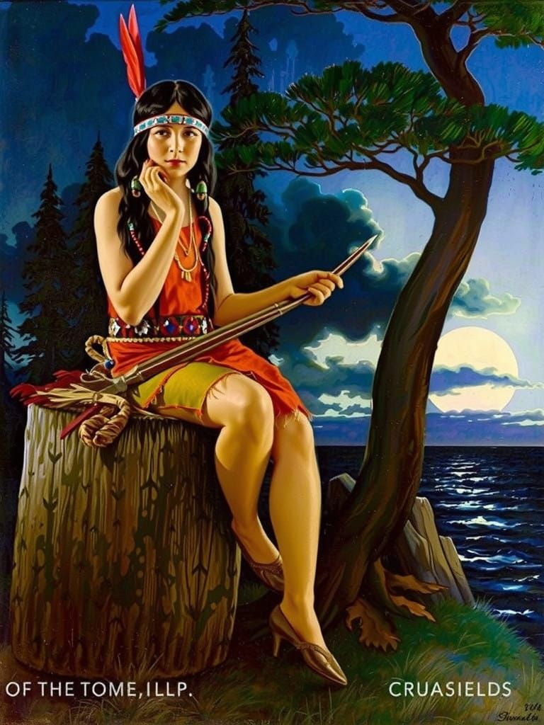 1920s Native American Maiden in Forest Moonlight