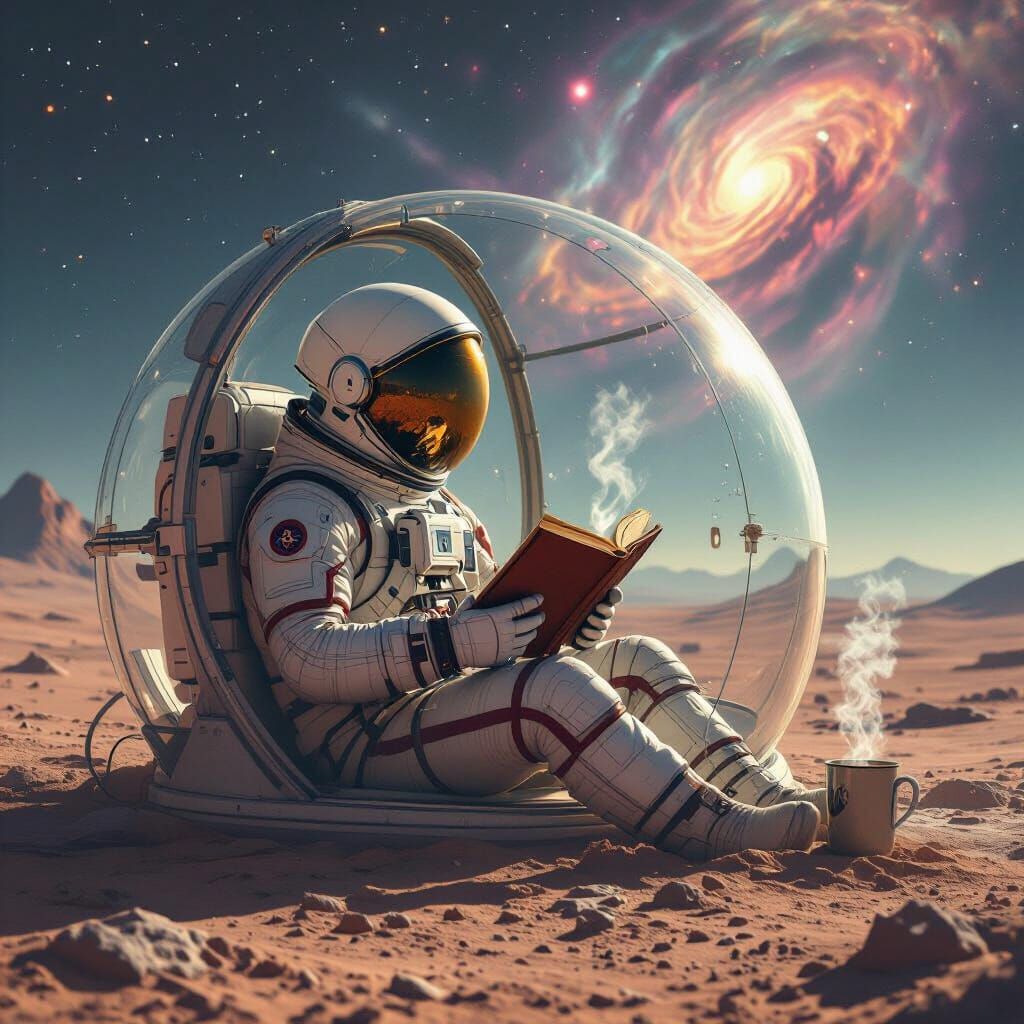 Astronaut Reading in Alien Biodome: Melancholic Sci-Fi Art