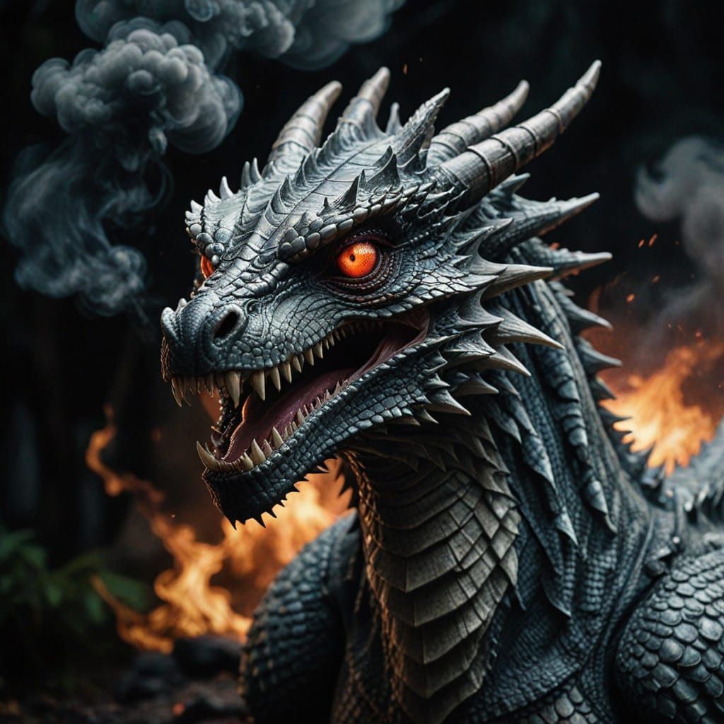 Smokey Dragon with Glowing Eyes: Cinematic Still