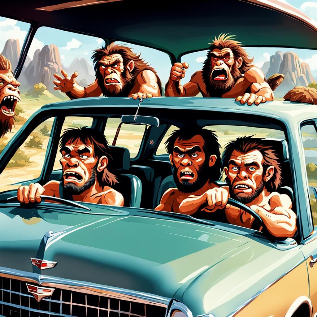 Cavemen Driving a Cadillac with Frustrated Instructor