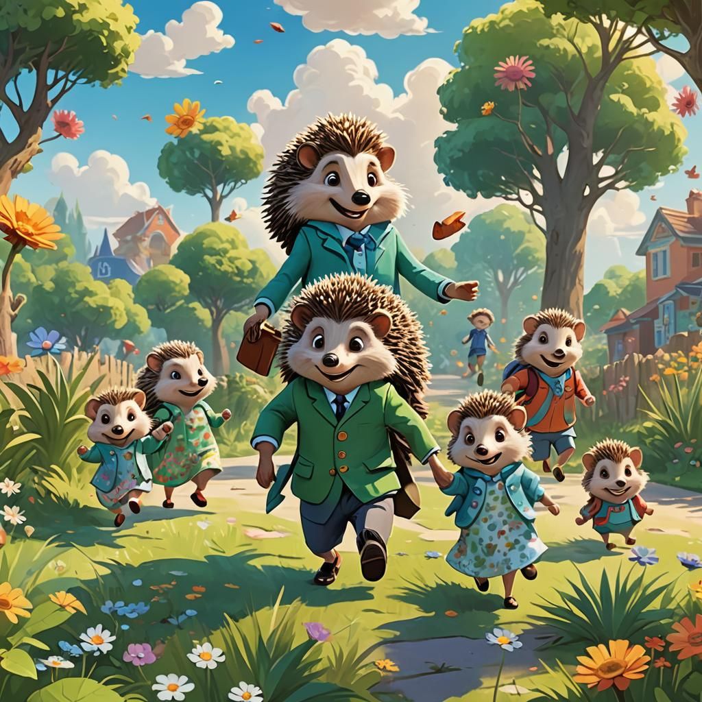 Hedgehog Family's Kindergarten Adventure in Pixar Style