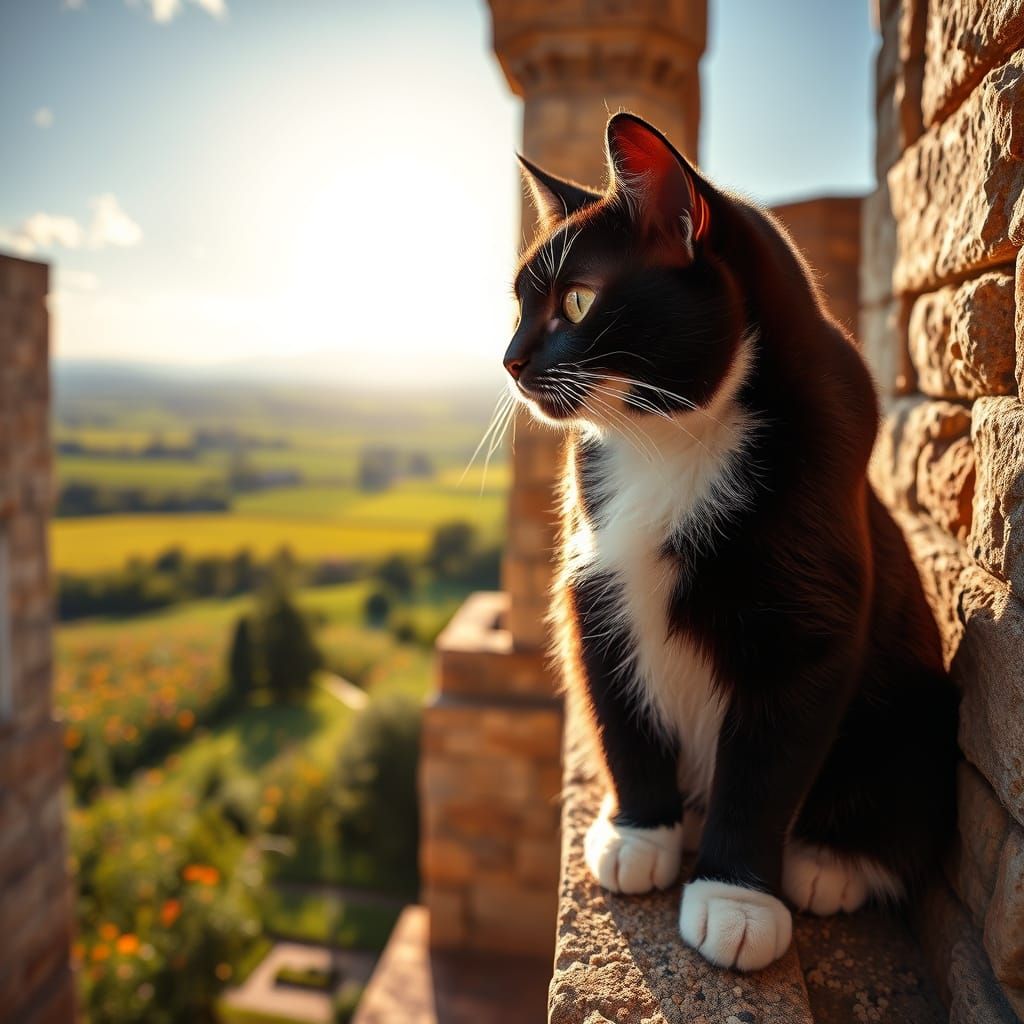 Regal Tuxedo Cat Admires Medieval Palace Vista