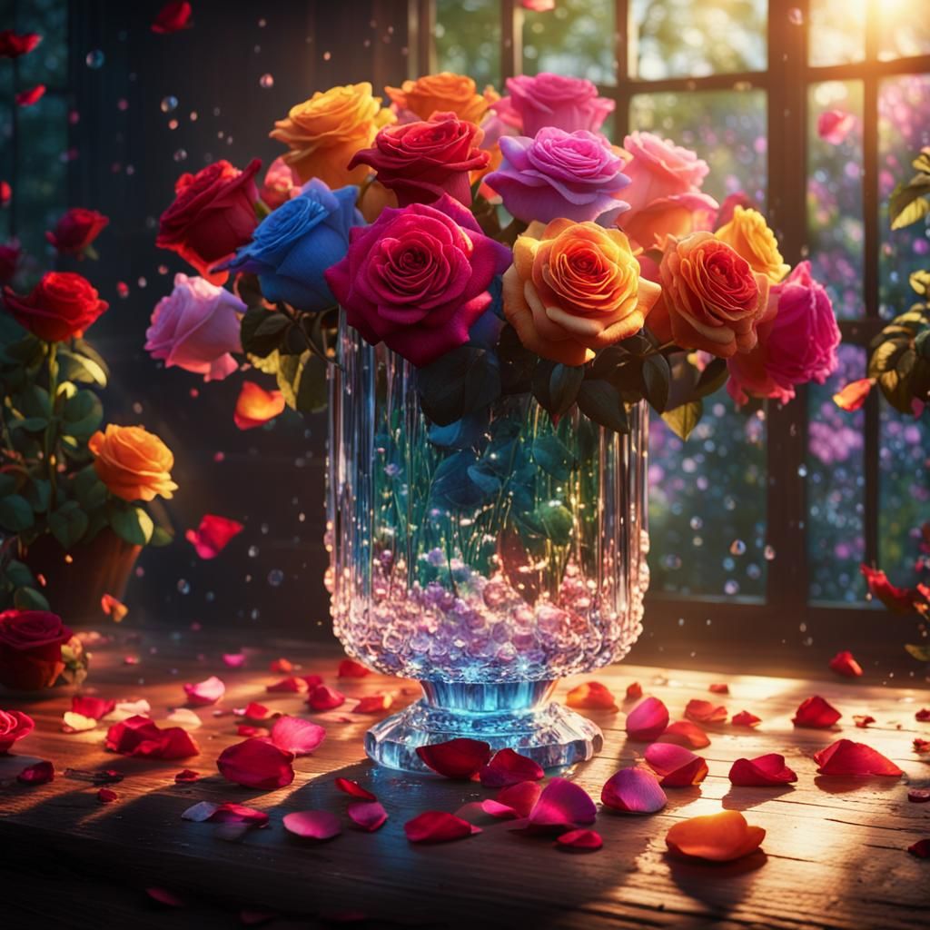 Roses in Crystal Vase: Maximalist Digital Painting