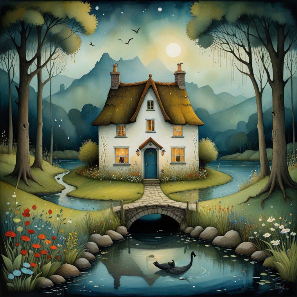 Whimsical Watercolor of an English Cottage