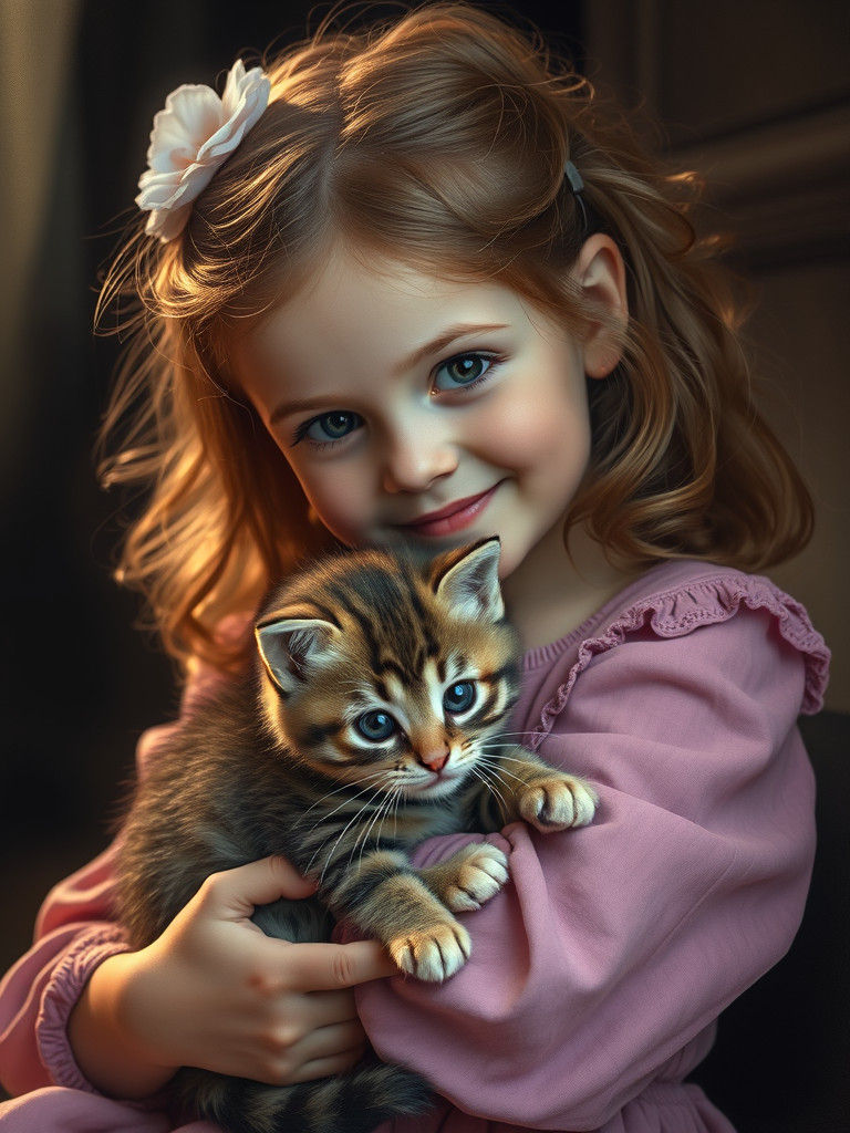 Girl with Kitten in Rembrandt Style