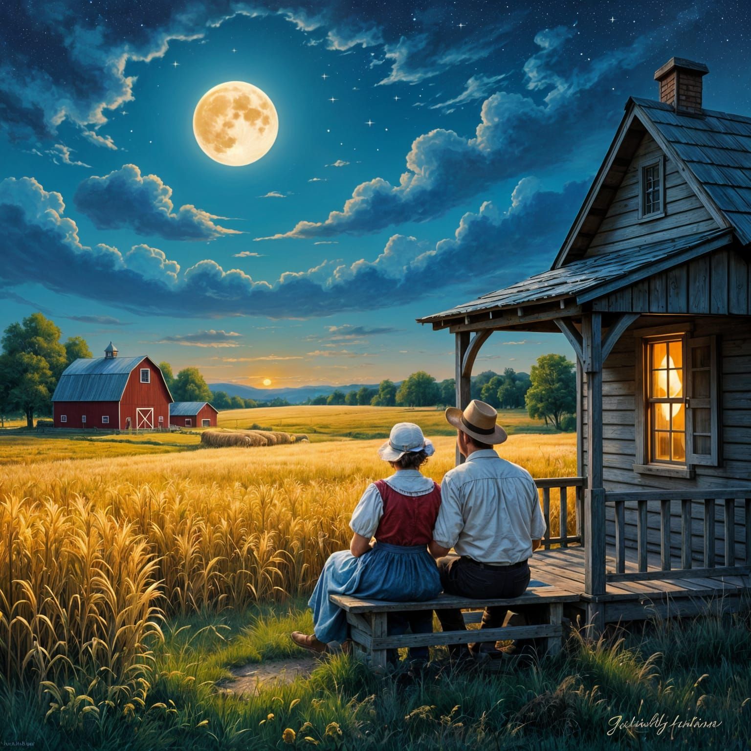 19th Century Farmers Enjoying Harvest Moon on Porch