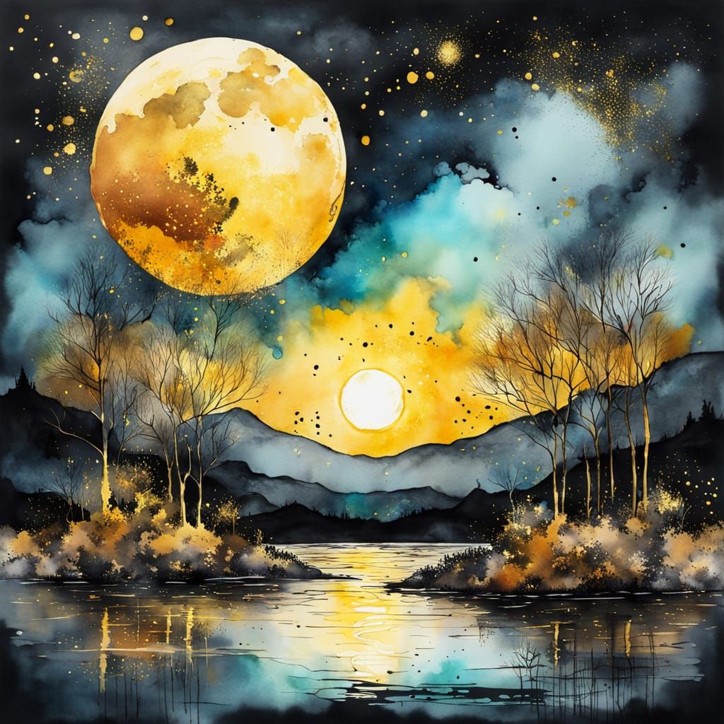 Surreal scene backlit by a huge glowing golden moon