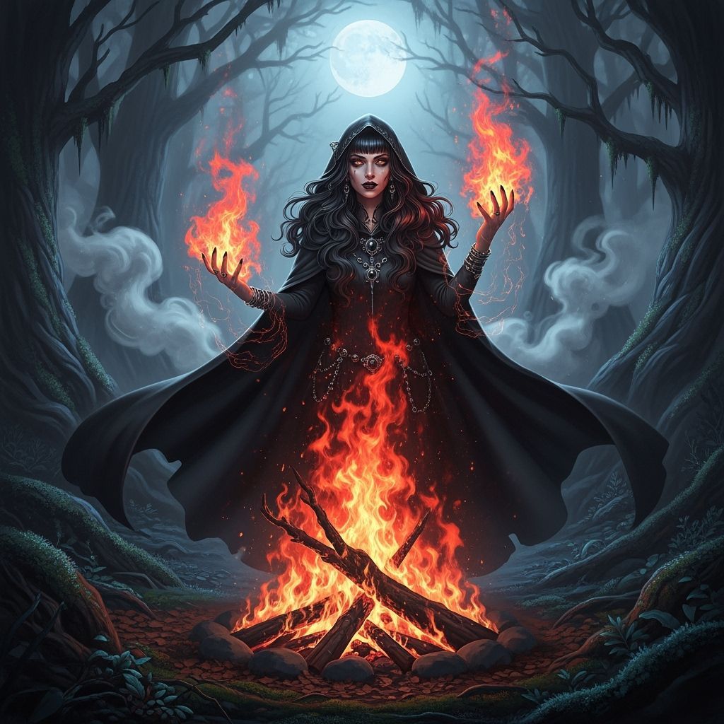 Mystical Witch Manipulating Flames Under Full Moon