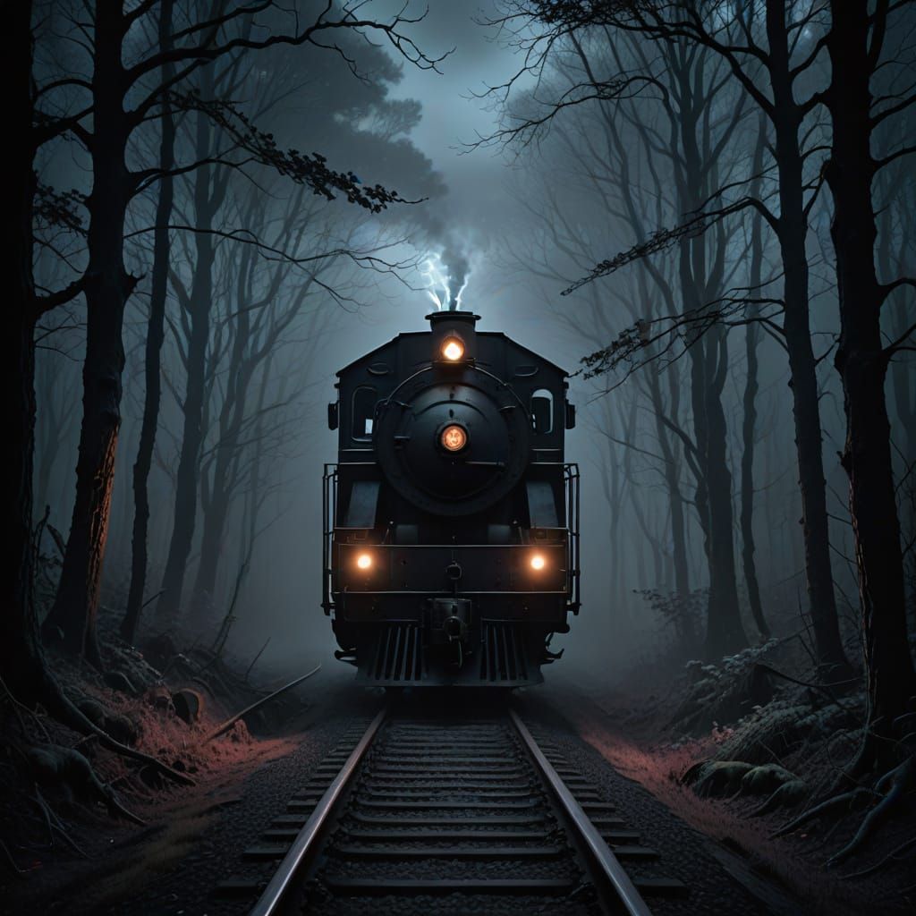 Ethereal Train Rushes Through Foggy Forest in Dark Fantasy