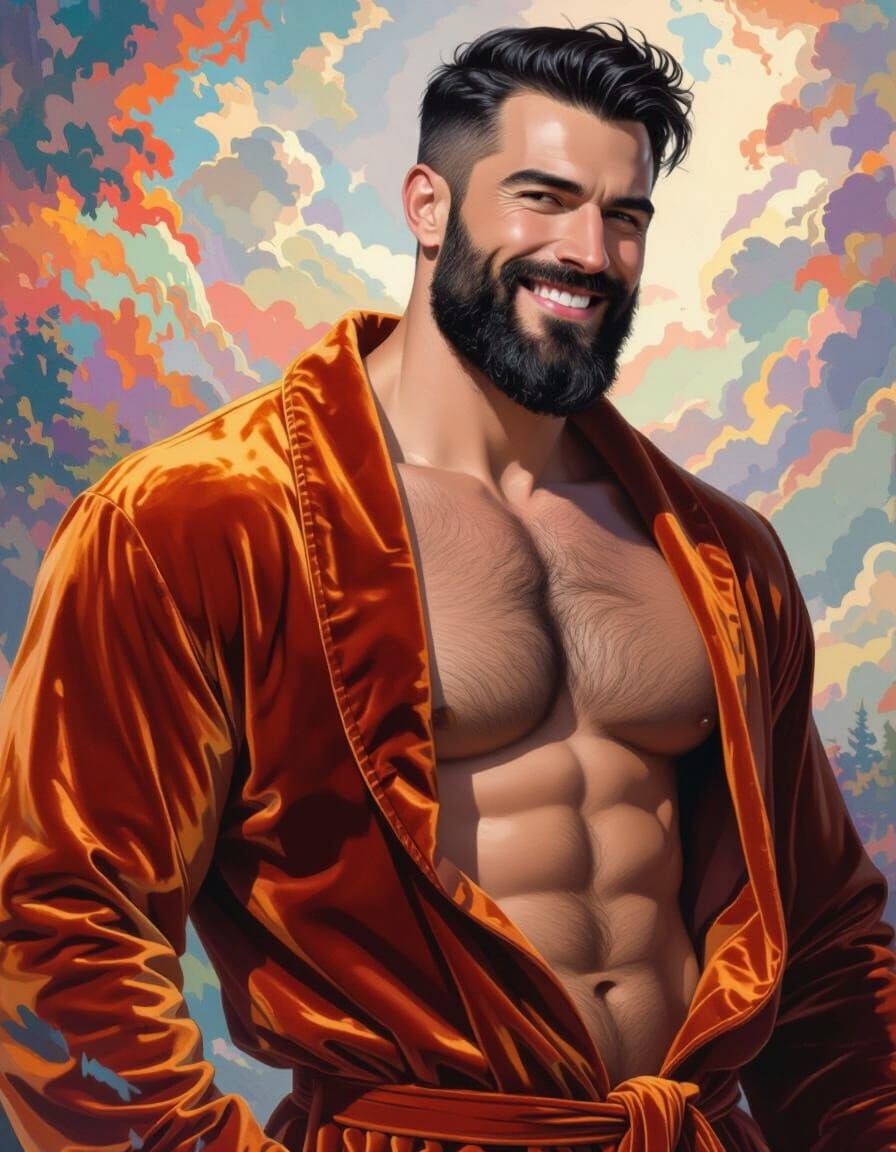 Handsome Man in Orange Velvet Robe with Mountain Forest