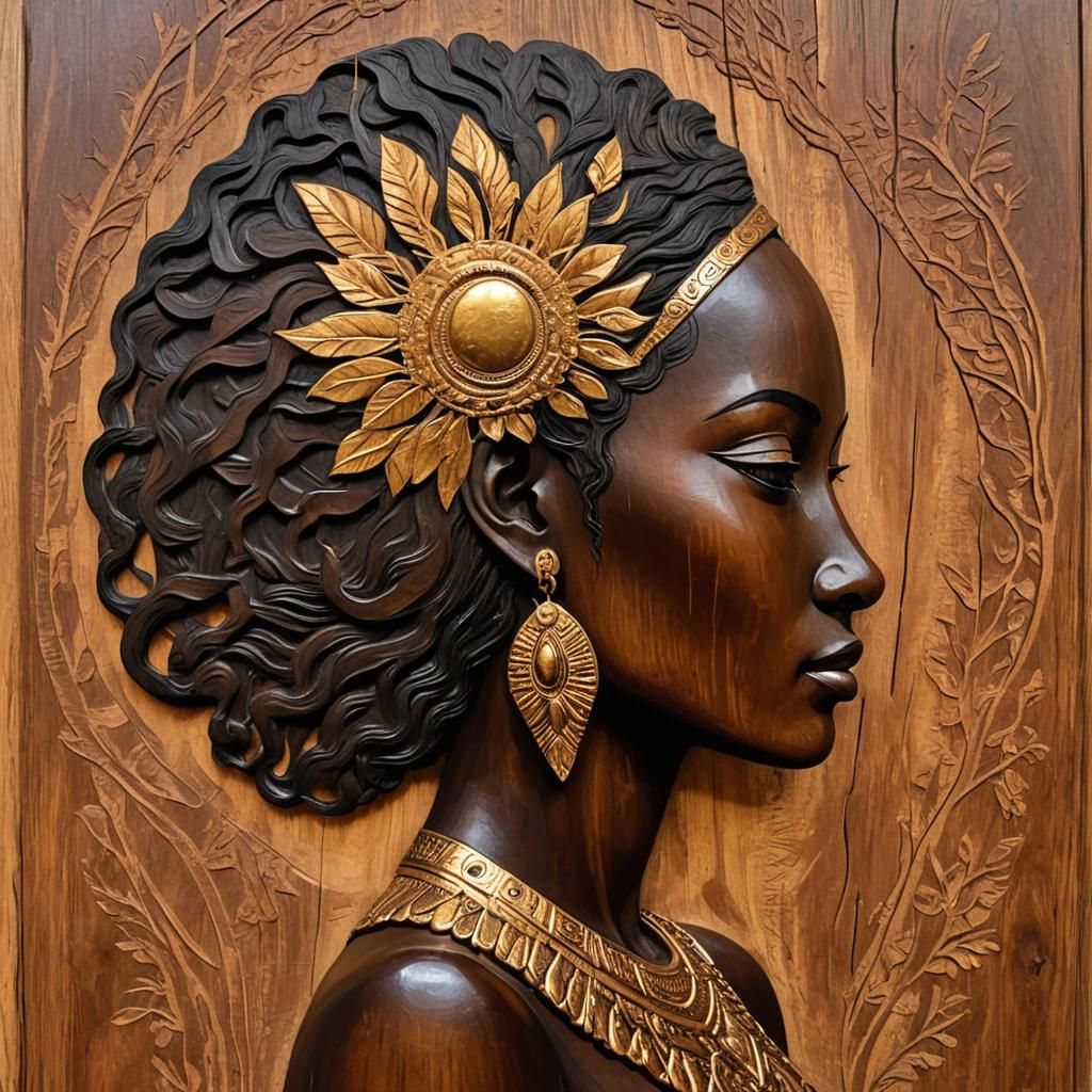 Gilt Teak Wood Carving of African Goddess