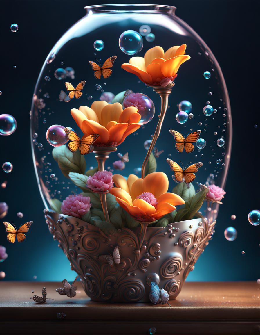 Floral Still Life with Butterflies and Bubbles