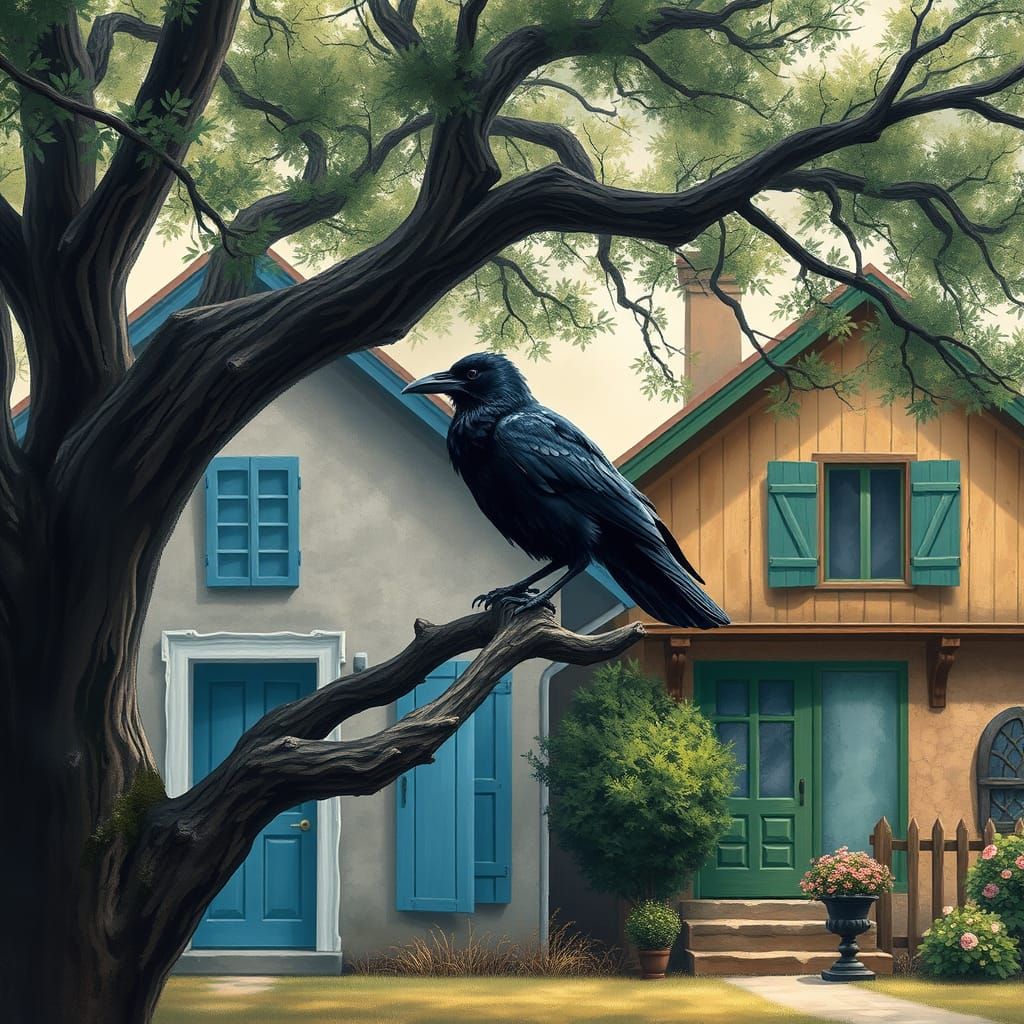 A Majestic Black Crow in Front of Rustic Houses