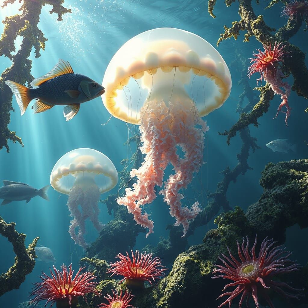 Glowing Jellyfish in Bioluminescent Underwater World