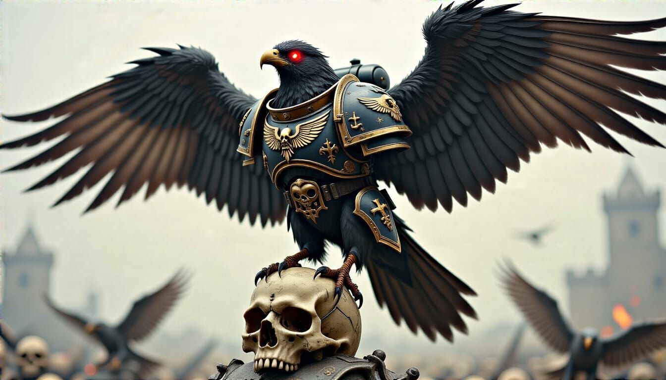 Armored Avian Warrior Soaring Through Gothic Battlefield