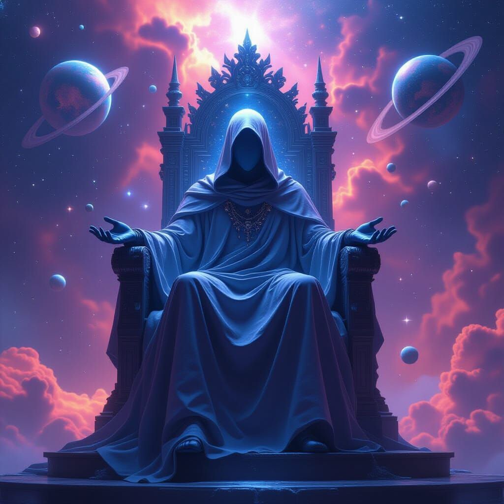 Divine Figure on Starlight Throne in Cosmic Nebula