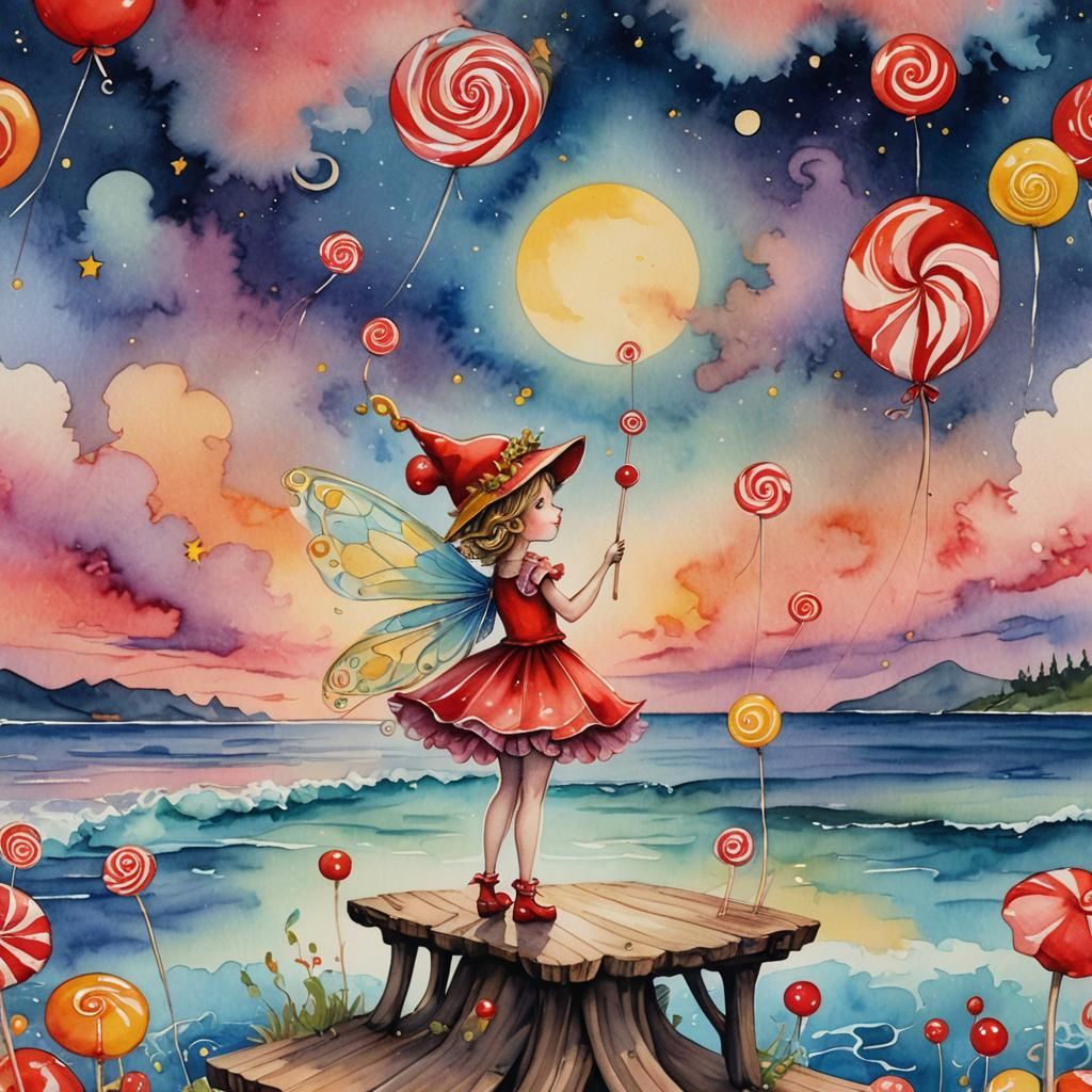 Whimsical Fairy with Lollipop at Sunset in Watercolor