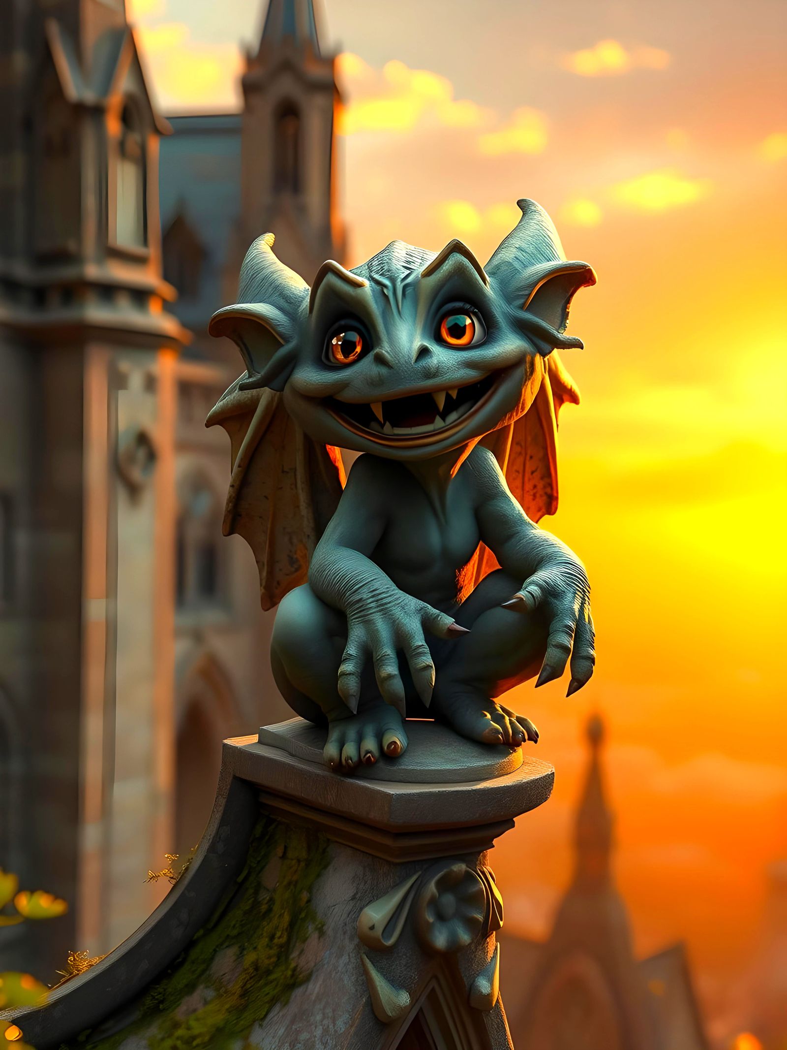 Cute Gargoyle Swings Feet at Sunset in 3D Anime Style