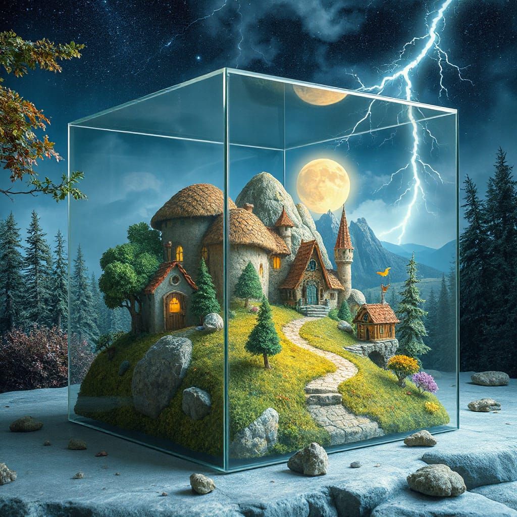Fantasy Fairy Village Landscape in Glass Cube: Hyperrealisti...