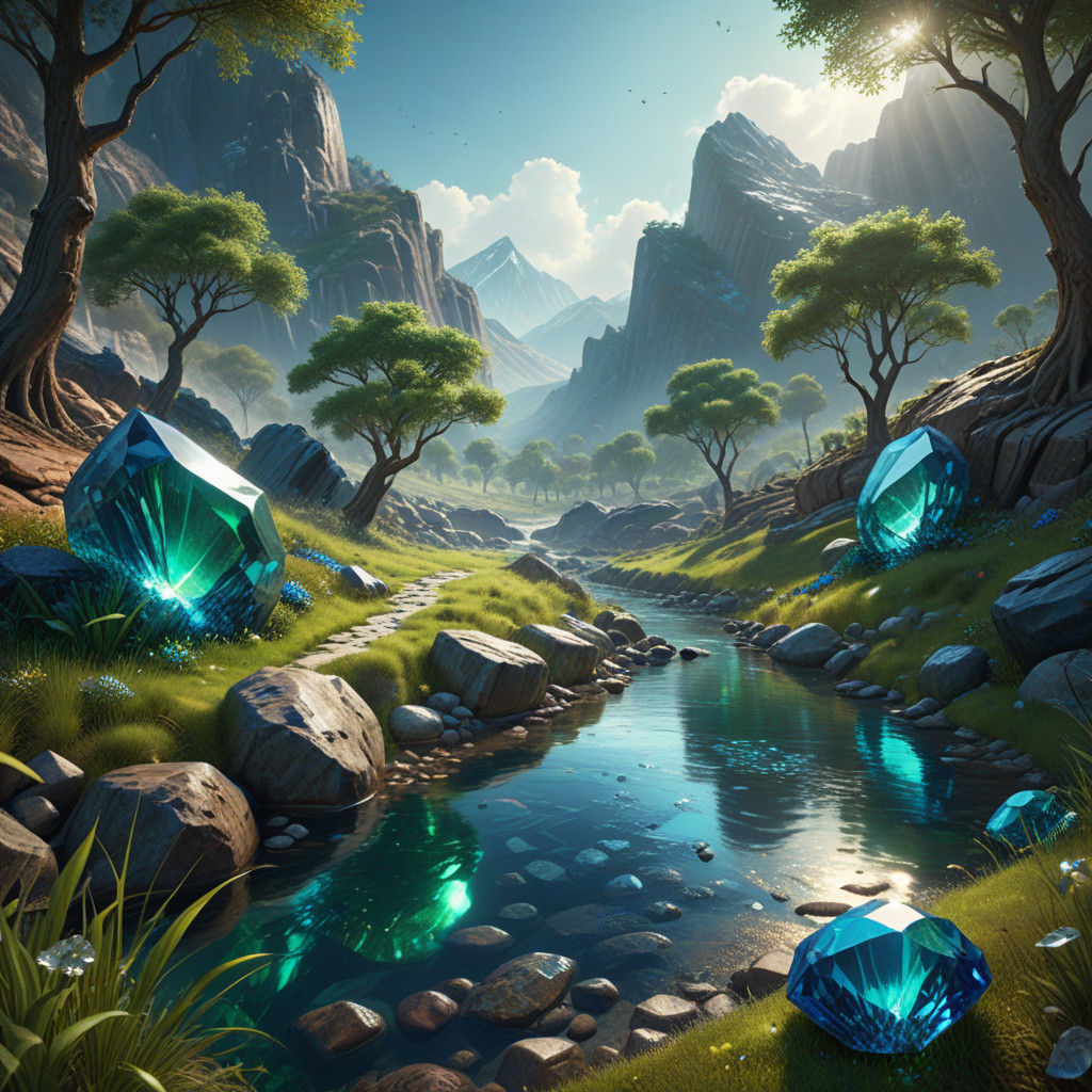 Surreal Gemstone Landscape in Oil Paint Style