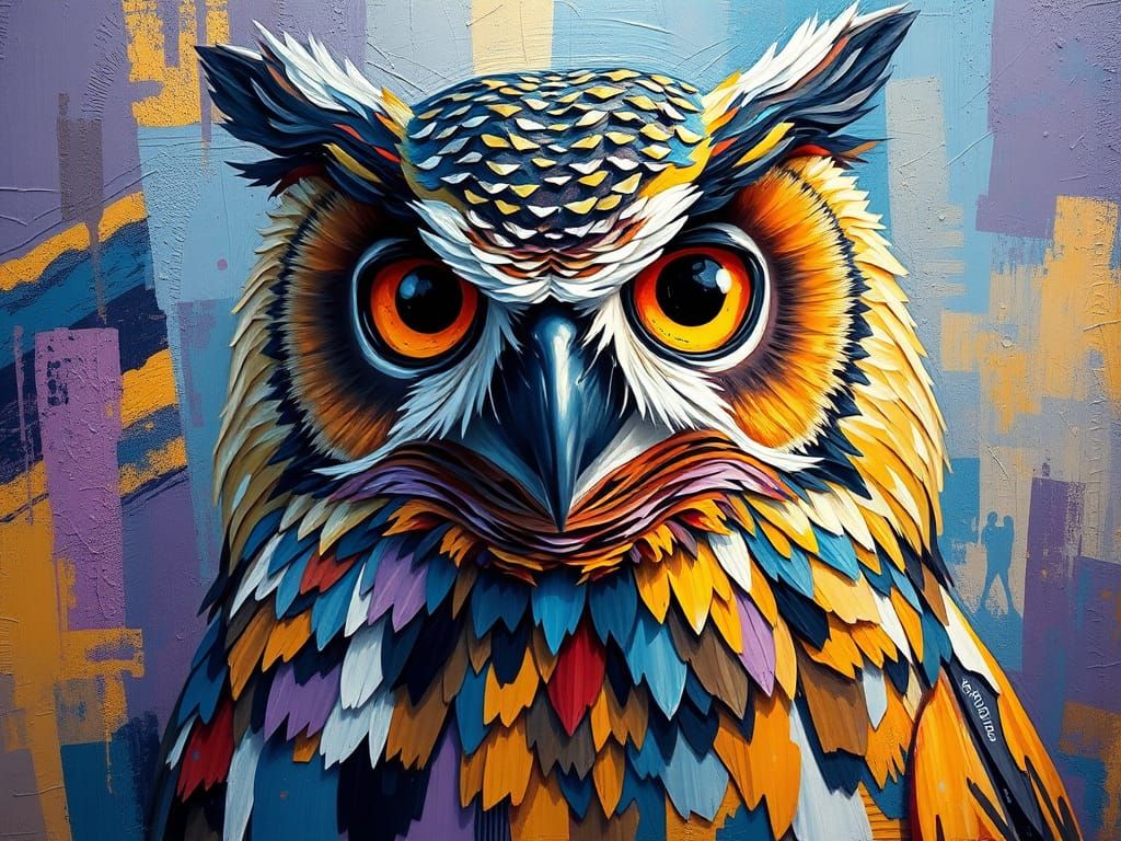 Expressionist Eagle-Owl Oil Painting with Geometric Abstract...