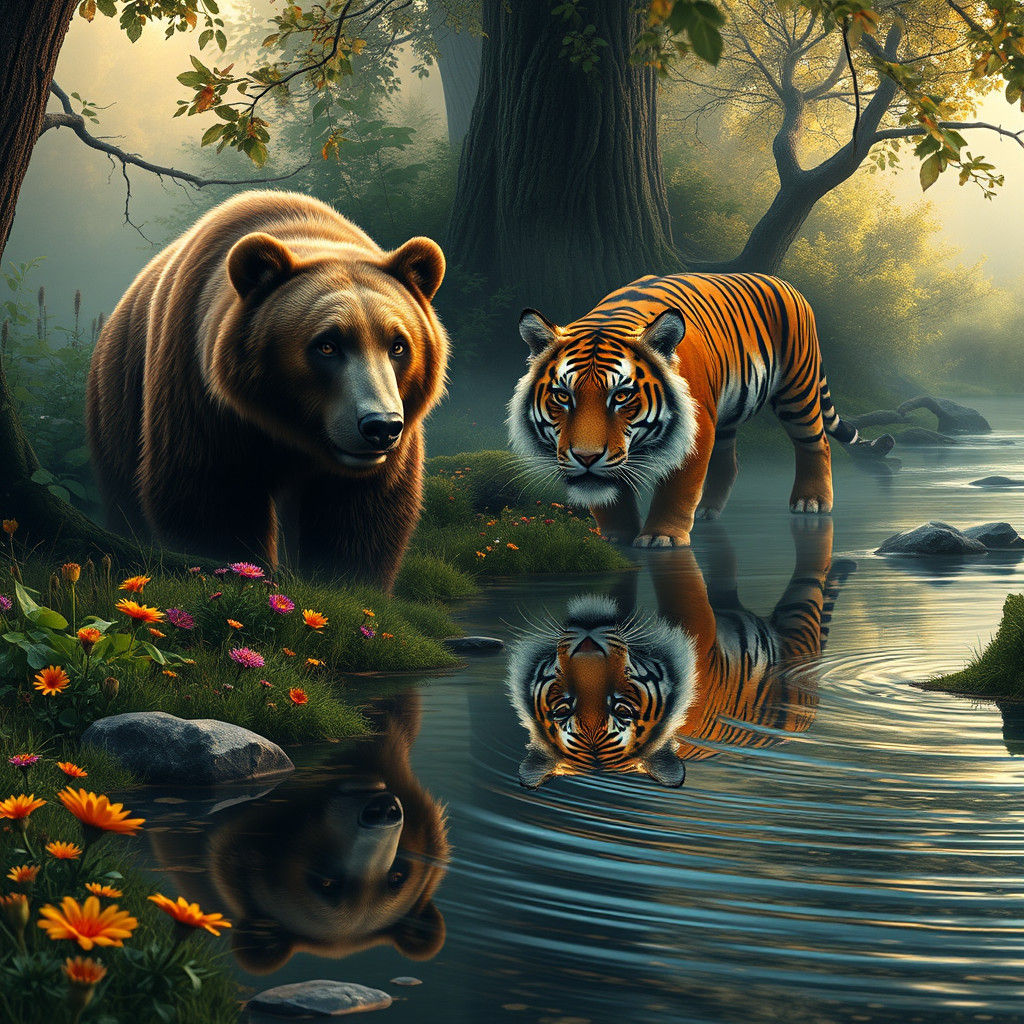 Bear by Stream Reflects Tiger: Mystical Realism