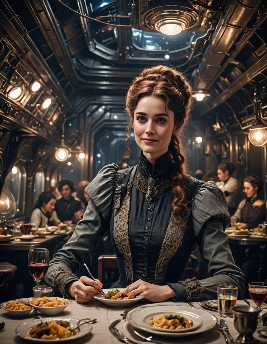 A beautiful young Victorian woman having dinner in the mess hall on a dimly lit Victorian starship in space, shy smile f...