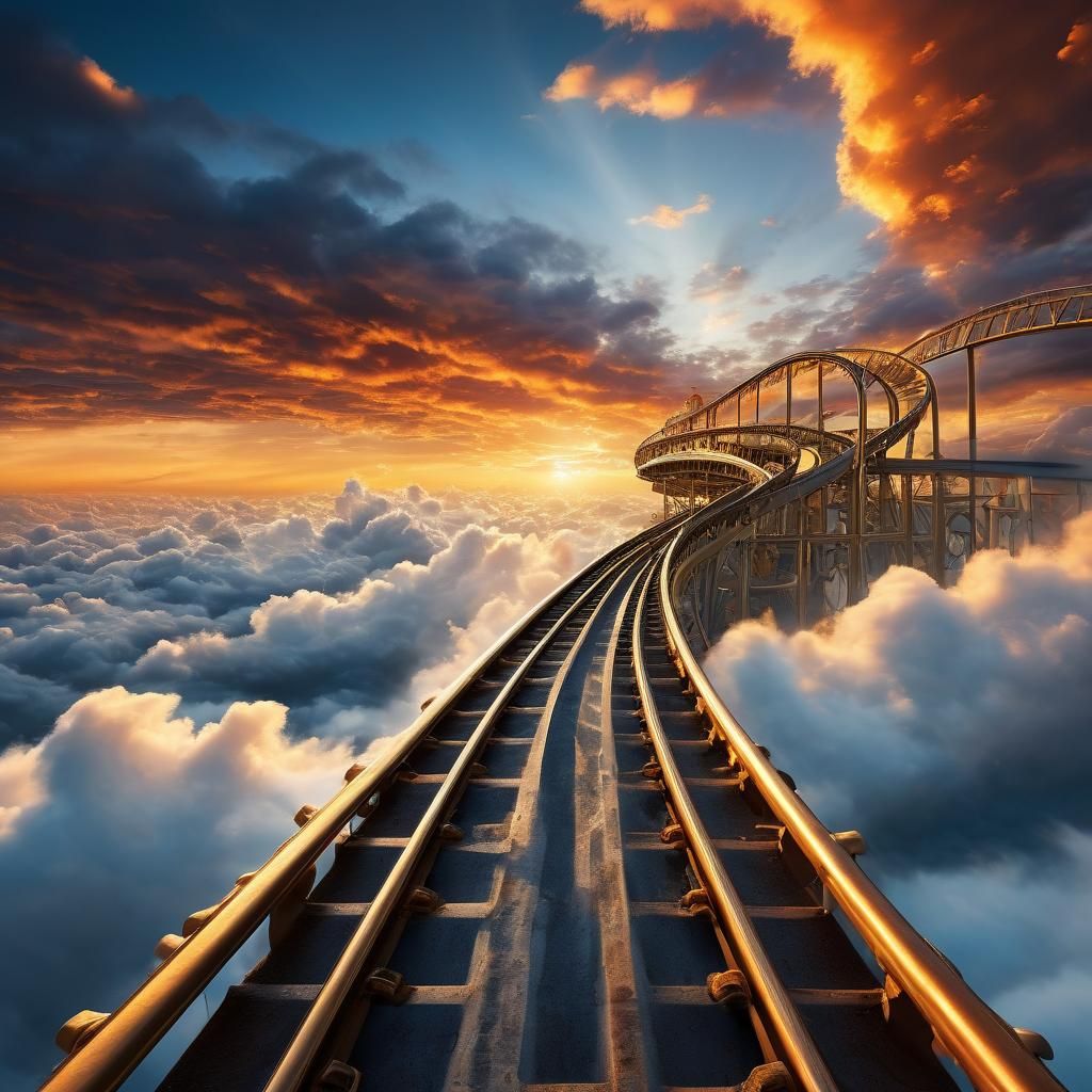 Roller Coaster Soaring Through Clouds at Sunset