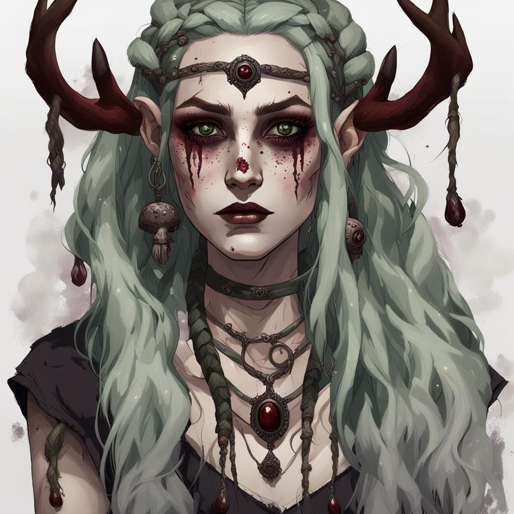 Swamp Witch Druid with Vampire Eyes: Anime Cel-Shaded Art