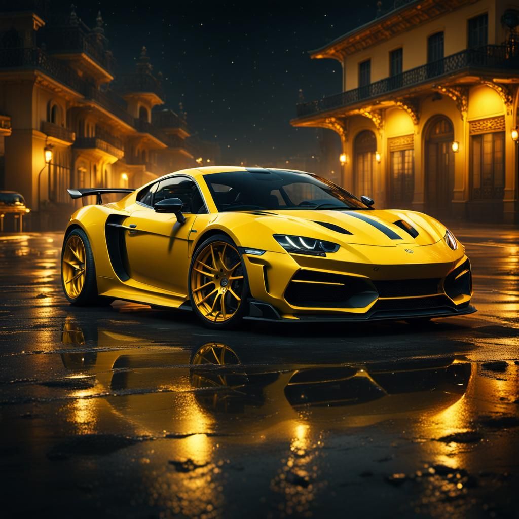 Yellow Sports Car at Night: Cinematic Digital Painting