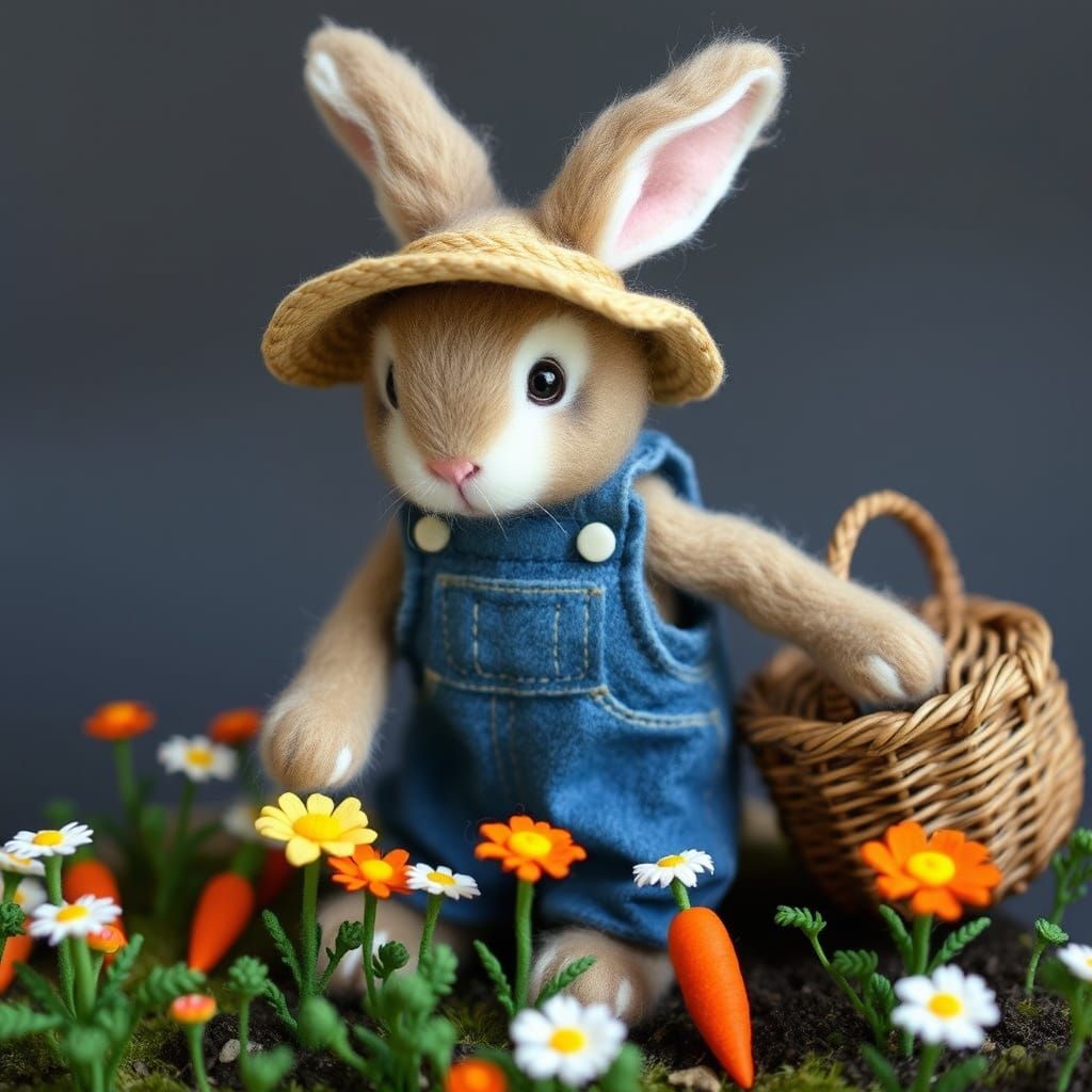 Felted Bunny Gardener in Whimsical Folk-Art Style