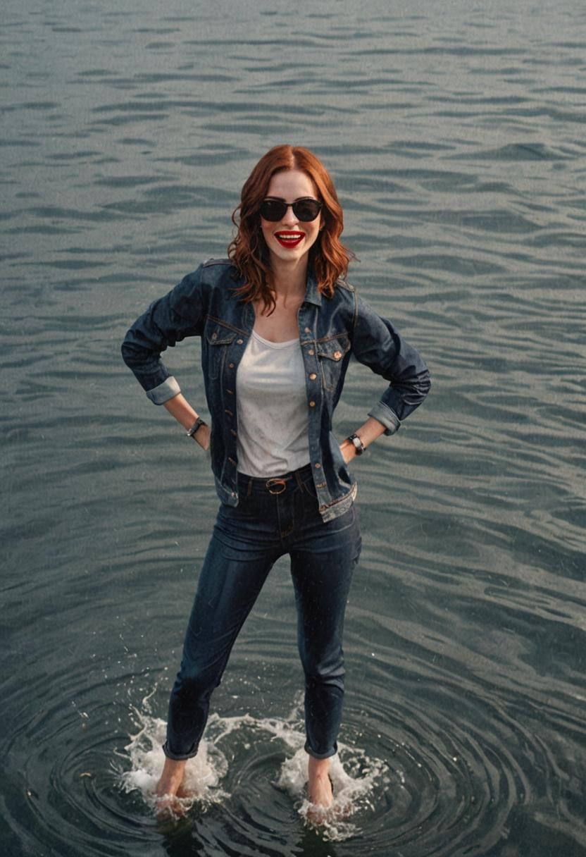 Glamorous Woman in Wet Denim at the Beach