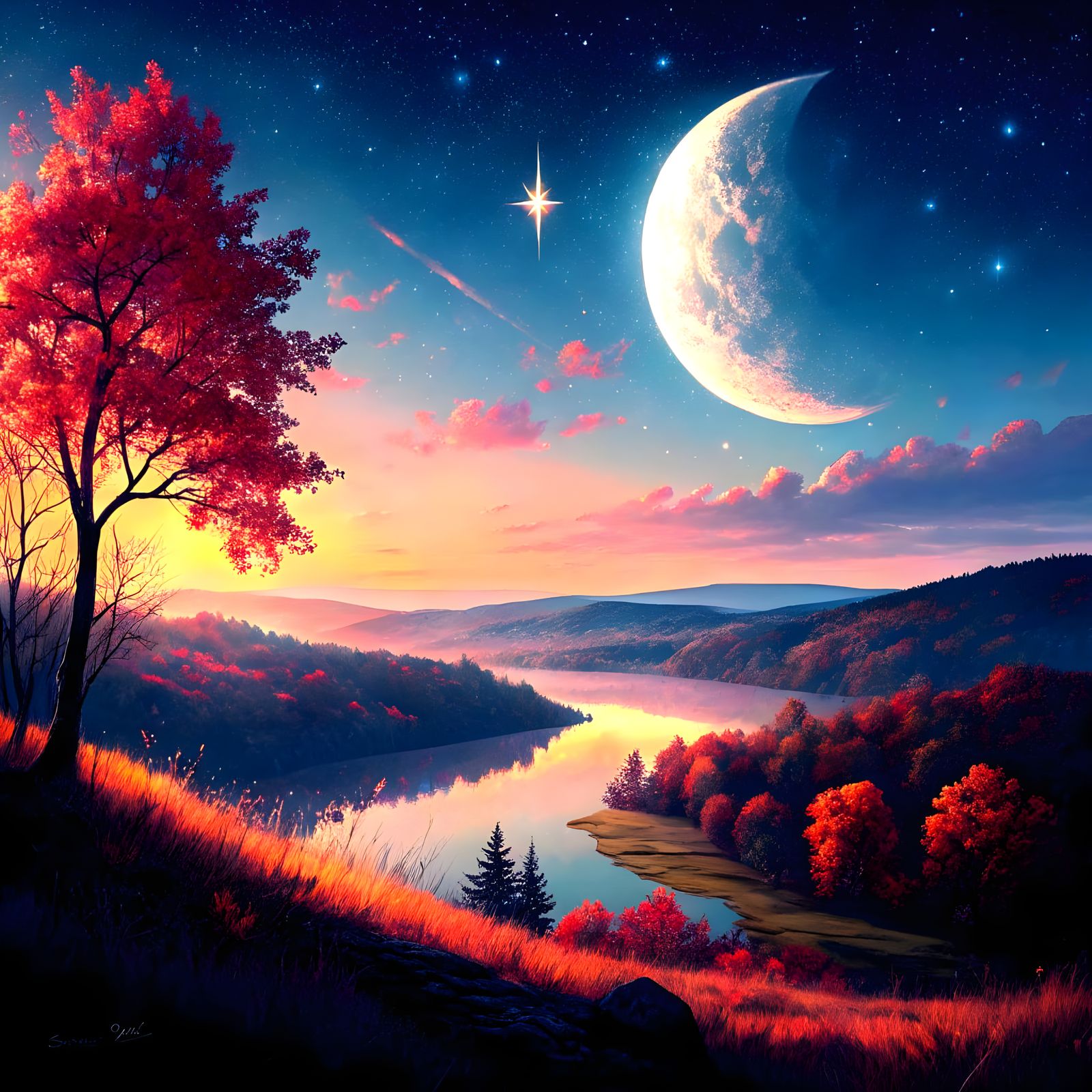 Ohio Valley Fall Morning with Quarter Moon