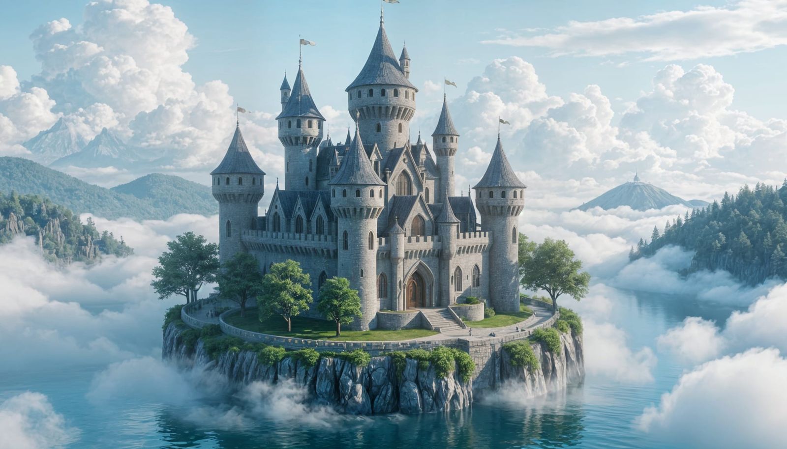 Floating Elven Castle Amidst Mists, Fantasy Art