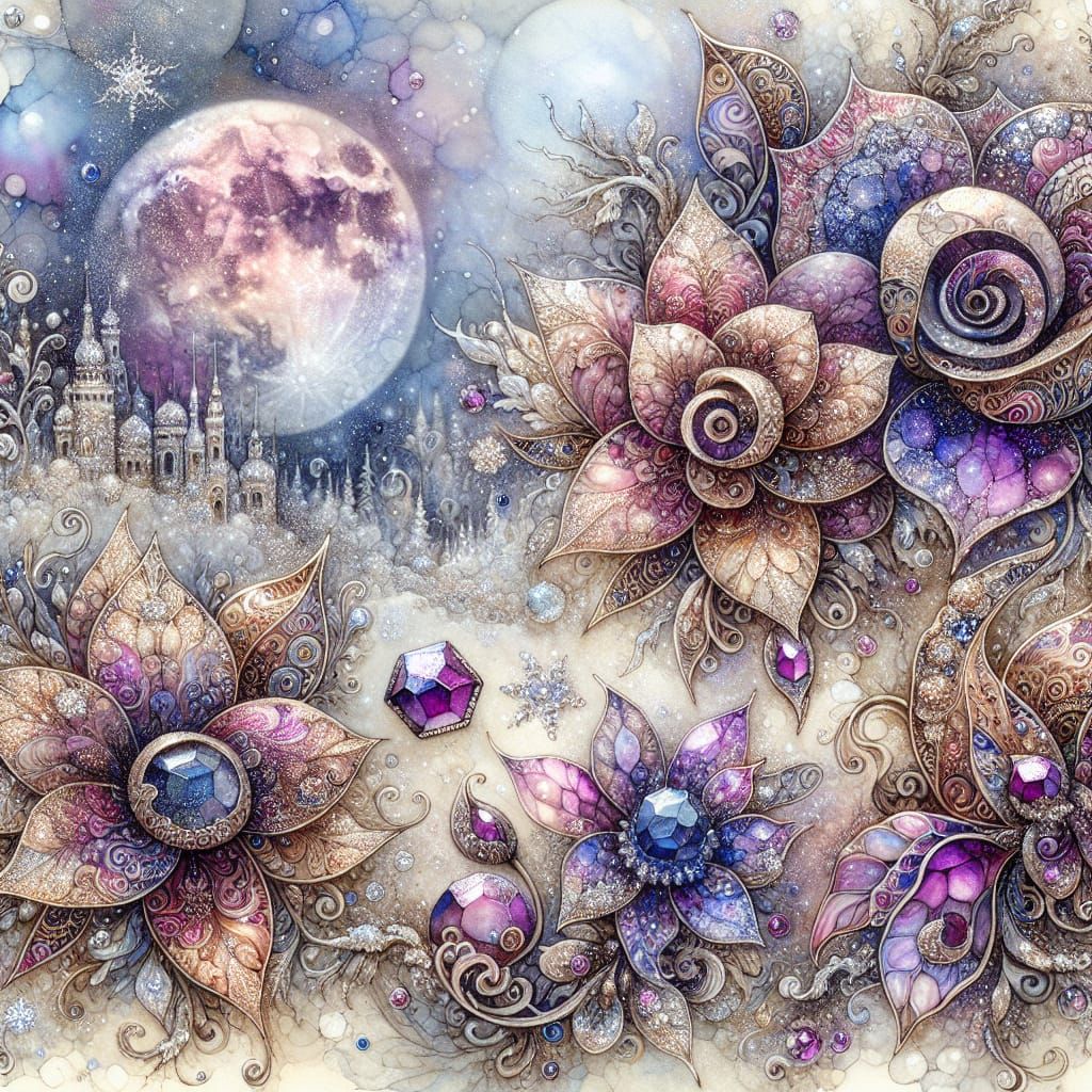 Enchanted Winter Scene with Glass Roses and Moonscape