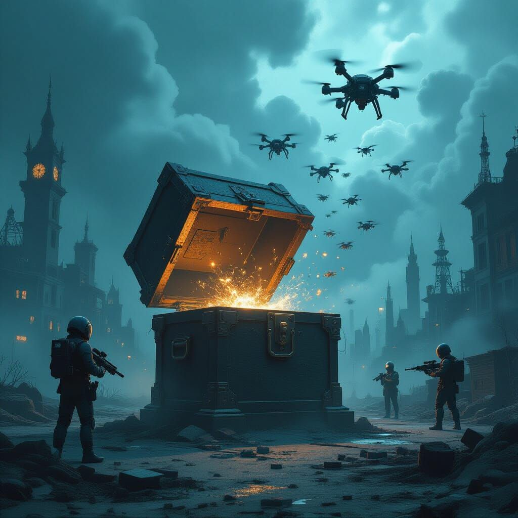 Pandora's Box Unleashes Dystopian Robots in Dark Cityscape