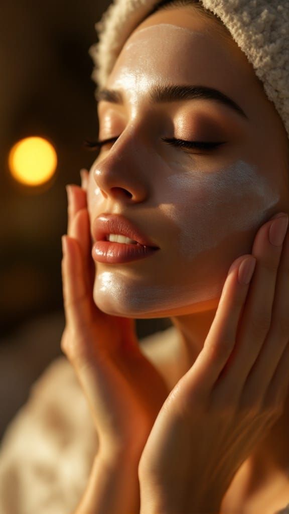 Luxurious Facial Cream Application in Soft Cinematic Lightin...