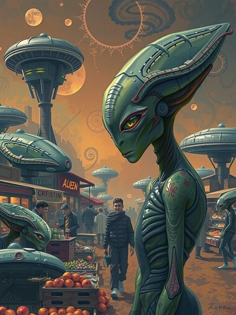 Vibrant Alien Market Scene in Neo-Impressionist Style