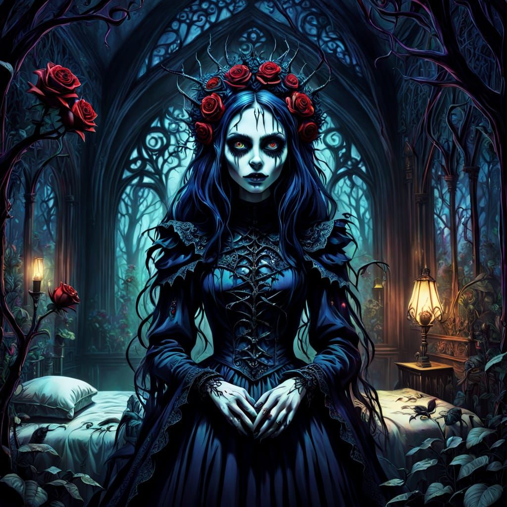 Creepy Gothic Ghost Woman in a Haunted Bedroom