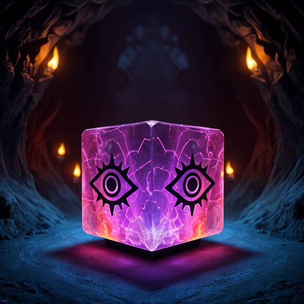 Mysterious Crystal Cube in a Dark Cave