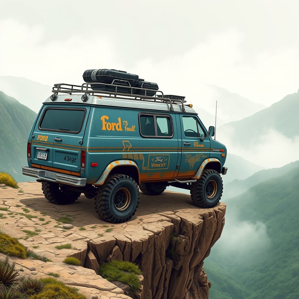 Custom 1980s Van Overlooking Misty Emerald Valley