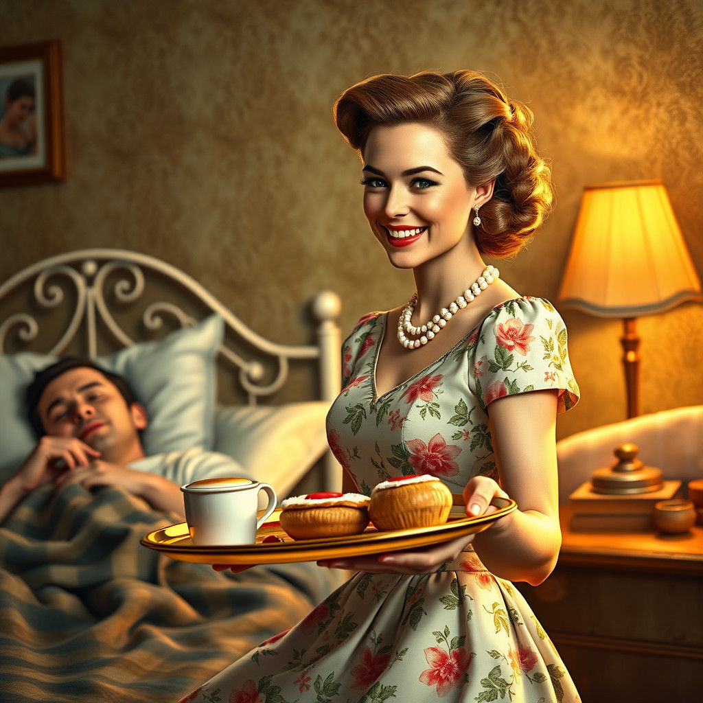1950s Housewife Serving Breakfast: Hyperrealistic Portrait