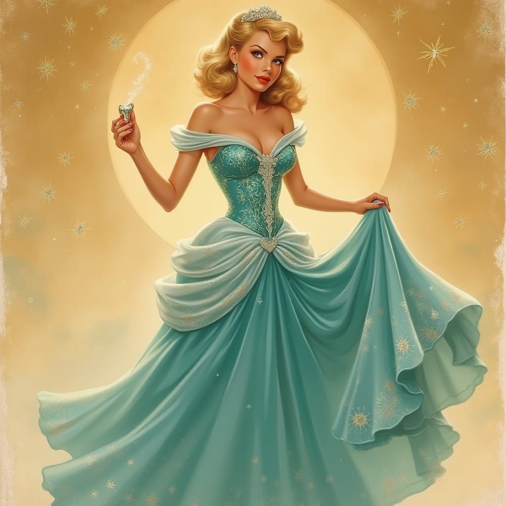 Vintage Cinderella Pin-Up in Turquoise Evening Gown