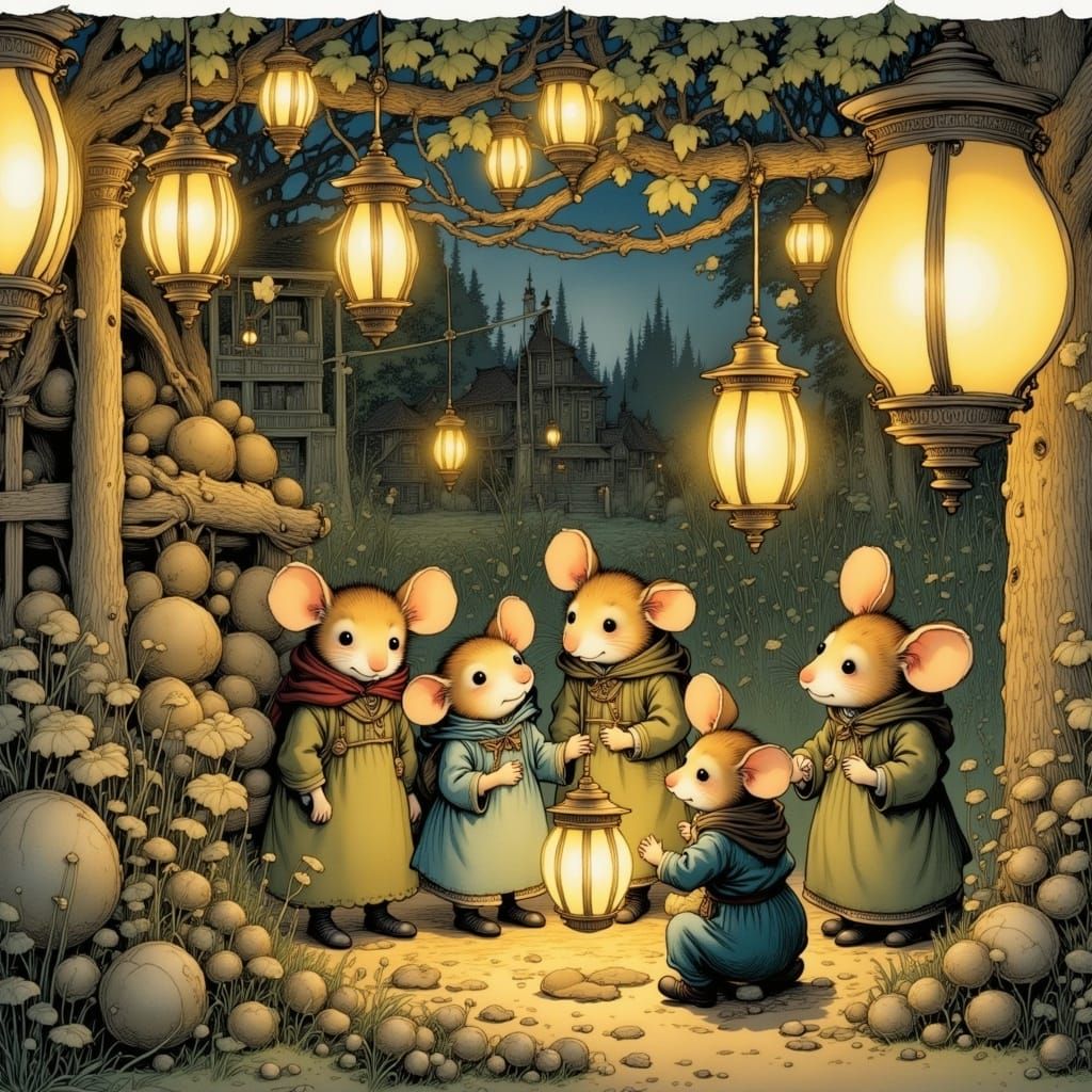 Whimsical Mice Garden Party Under Glowing Lanterns