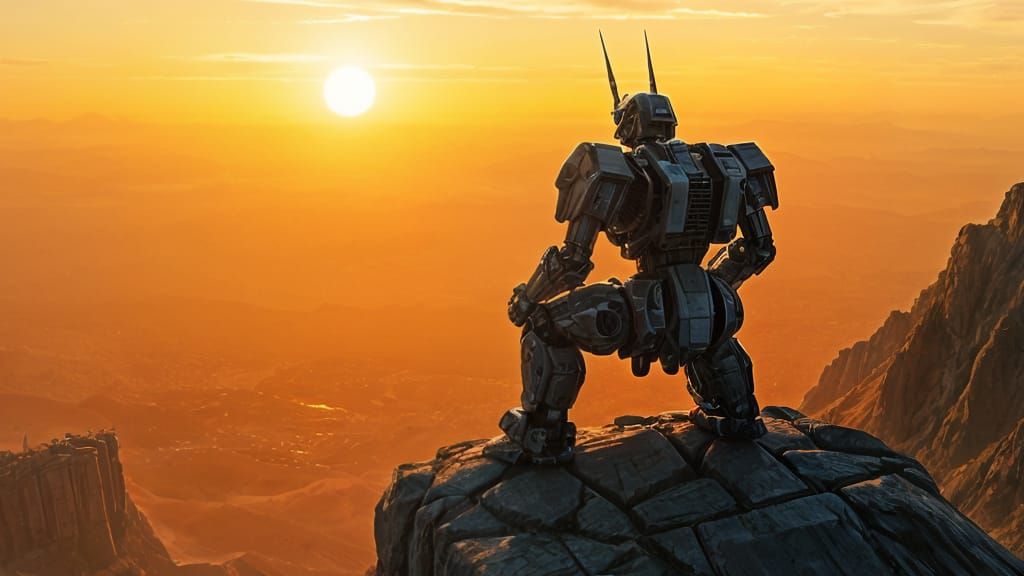 Mecha Warrior Reflects at Sunset in Sorayama Style